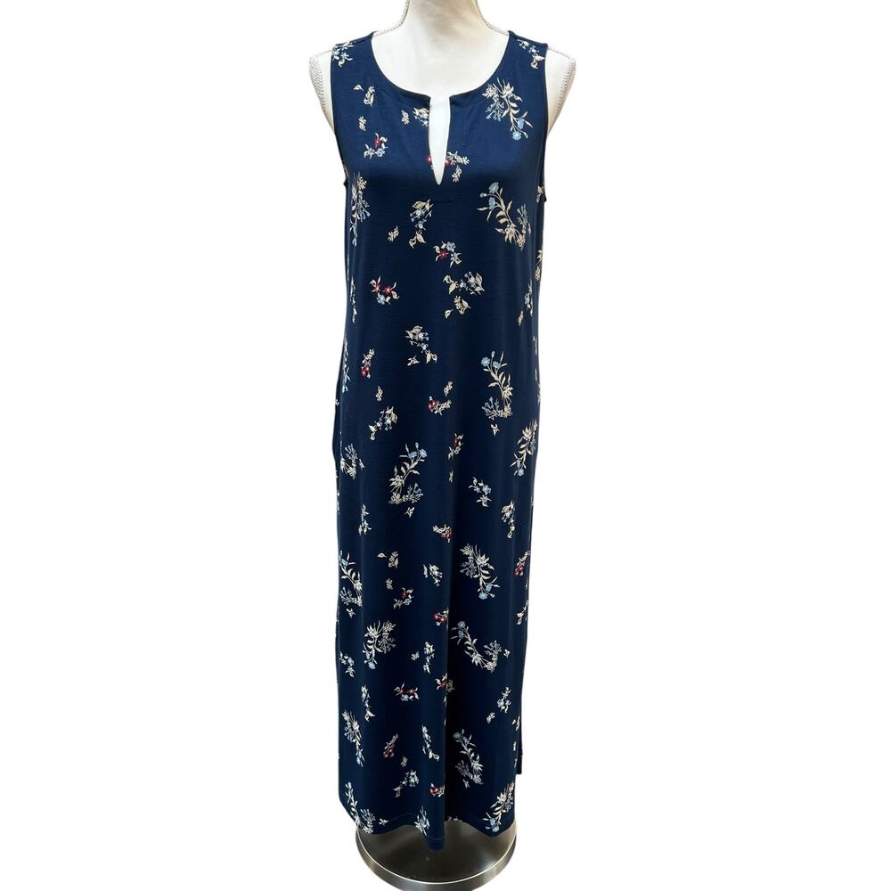 J. Jill Floral Maxi Dress Women’s M Navy Sleeveless Split Neck Stretch EUC